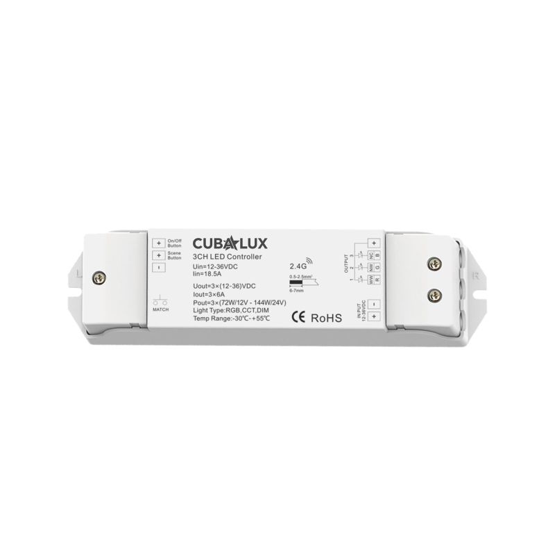 Multi Dimmer Controller IP20 RF-Push Button RGB/TW/DIM 3x6A 12-48Vdc -  Τεμ.