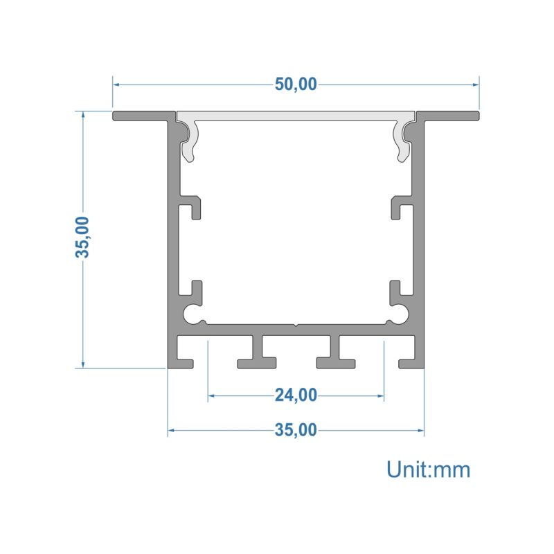 Recessed 50mm x 35mm aluminum profile 2m