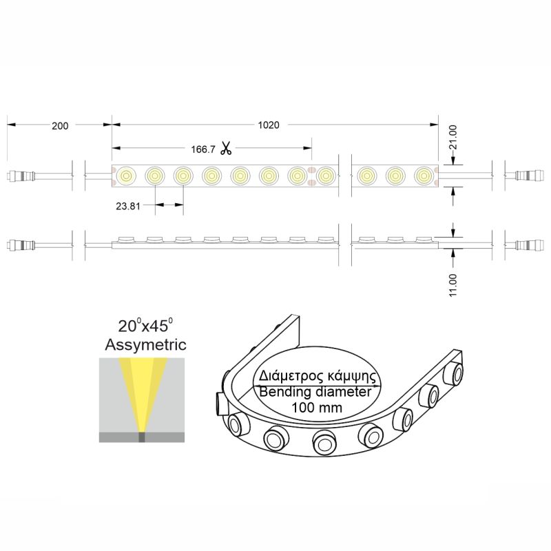 Ταινία LED Jazz flexible wall washer RGBW 16 Watt/m φακός 20x45 CRI80 42 LED/m IP67 1m -  Τεμ.