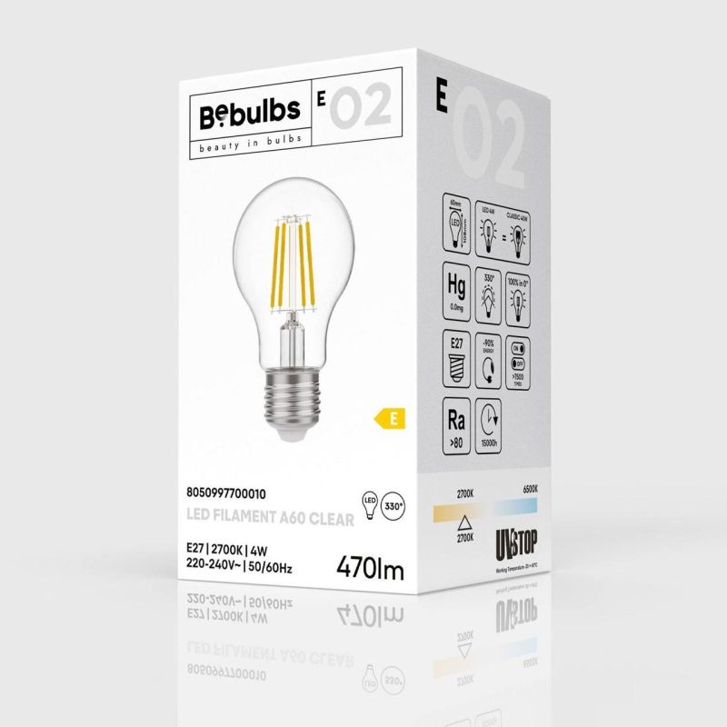 Λάμπα LED Διαφανής γλόμπος A60, 4W, 470Lm, E27, 2700K - E02 -  Τεμ.