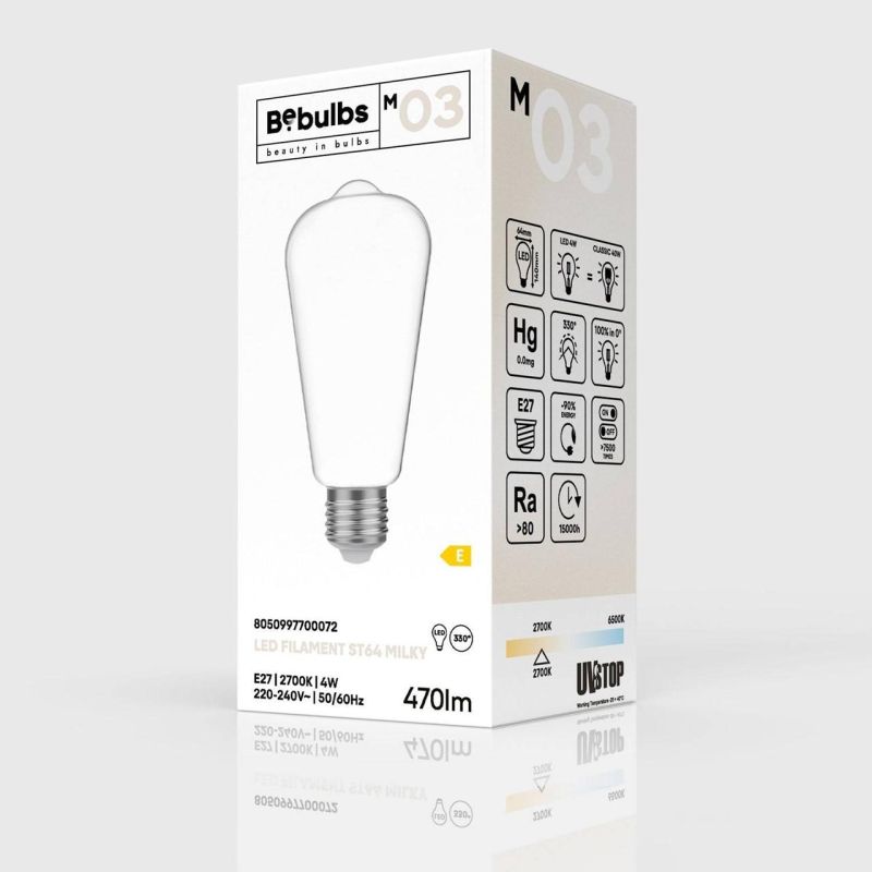 Λάμπα LED Γαλακτερή, αχλάδι, ST64, 4W, 470Lm, E27, 2700K -  Τεμ.