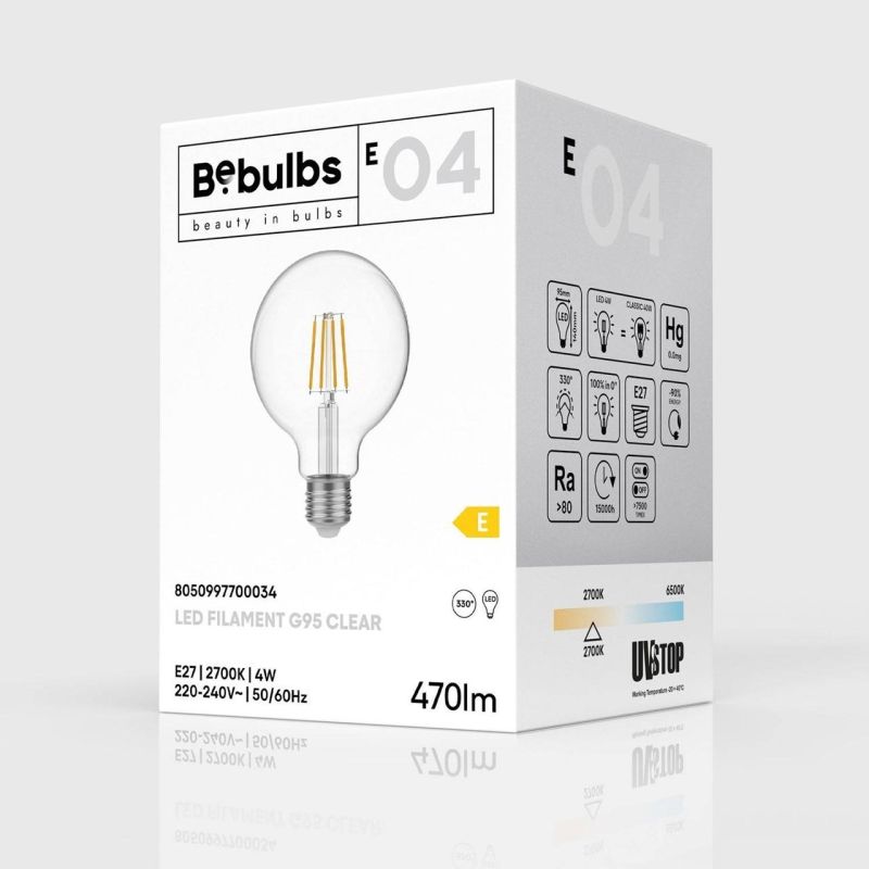 Λάμπα LED Διαφανής γλόμπος, G95, 4W, 470Lm, E27, 2700K, - E04 -  Τεμ.