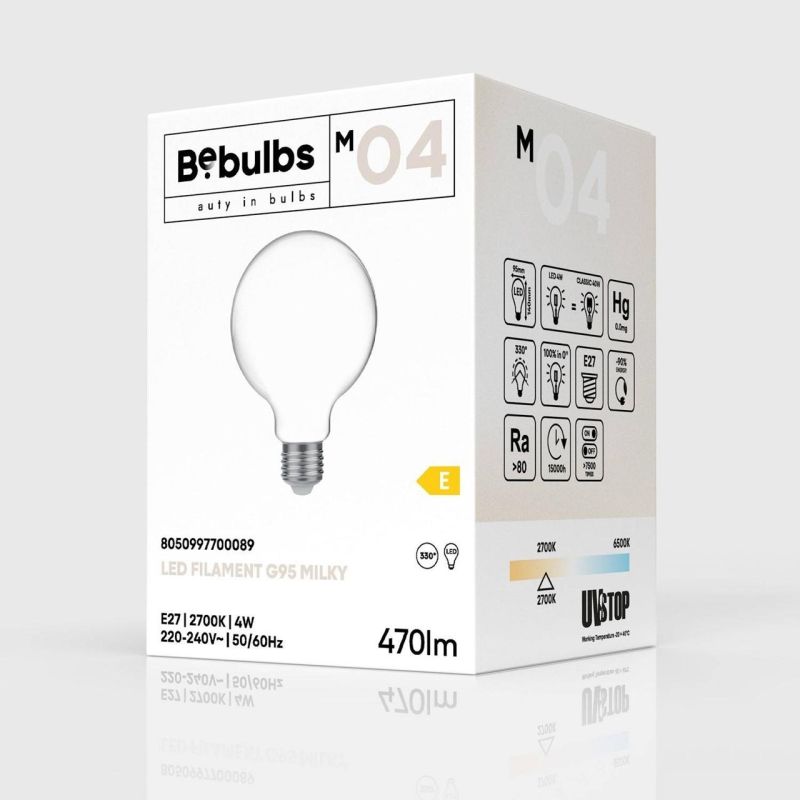 Λάμπα LED Γαλακτερή γλόμπος, G95, 4W, 470Lm E27 2700K -  Τεμ.