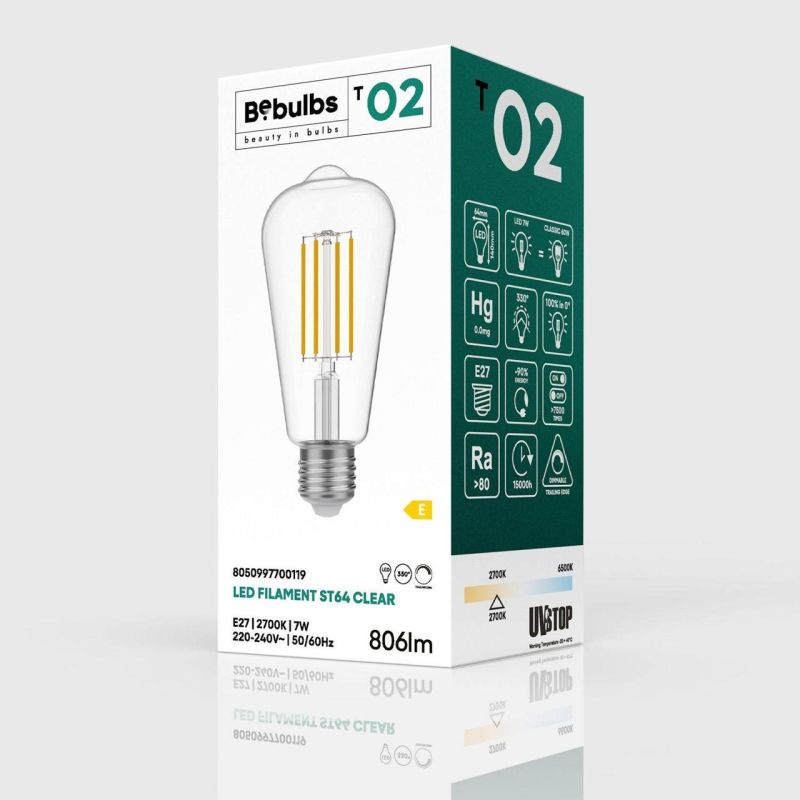 Λάμπα LED Διαφανής αχλάδι, ST64, 7W,  806Lm,  E27,  2700K,  DIM -  Τεμ.
