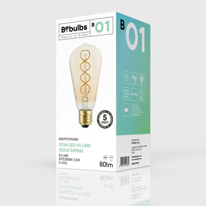 Λάμπα LED Μελί αχλάδι, 5V, με σπιράλ νήμα, ST64 1,3W 80Lm E27 2500K DIM -  Τεμ.