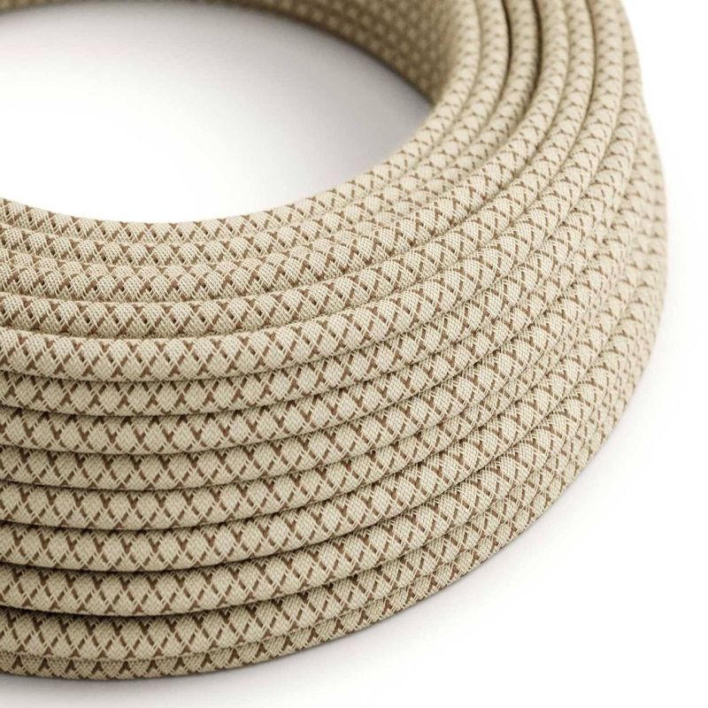 Round Electric Cable covered by Colored Bark Lozanga Cotton and Natural Linen RD63, 2x0,75