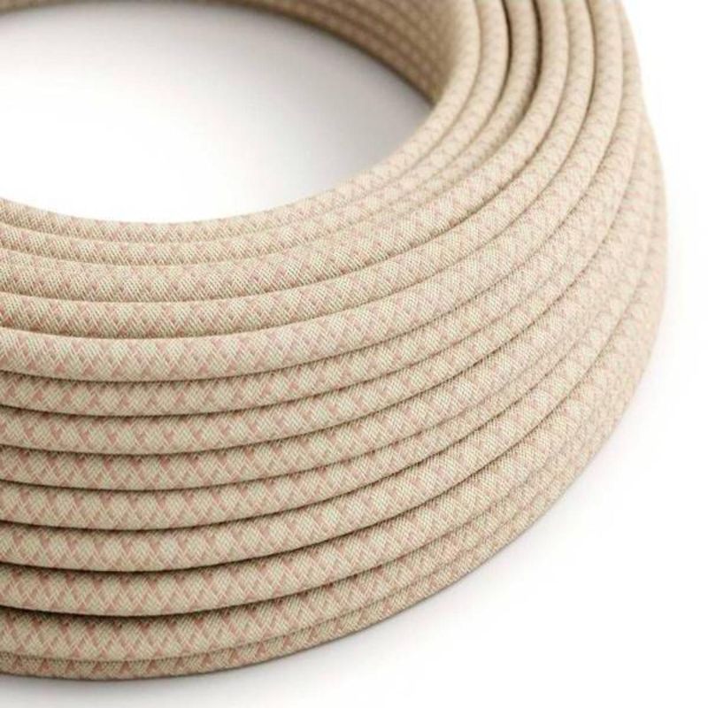 Round Electric Cable covered by Ancient Pink Lozanga Cotton and Natural Linen RD61, 2x0,75