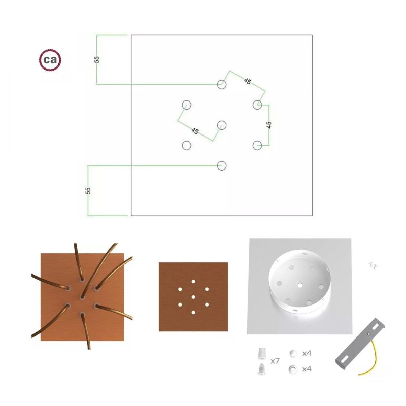 Square Rose-One 7-hole and 4 side holes ceiling rose, 200 mm, Satin Copper Dibond