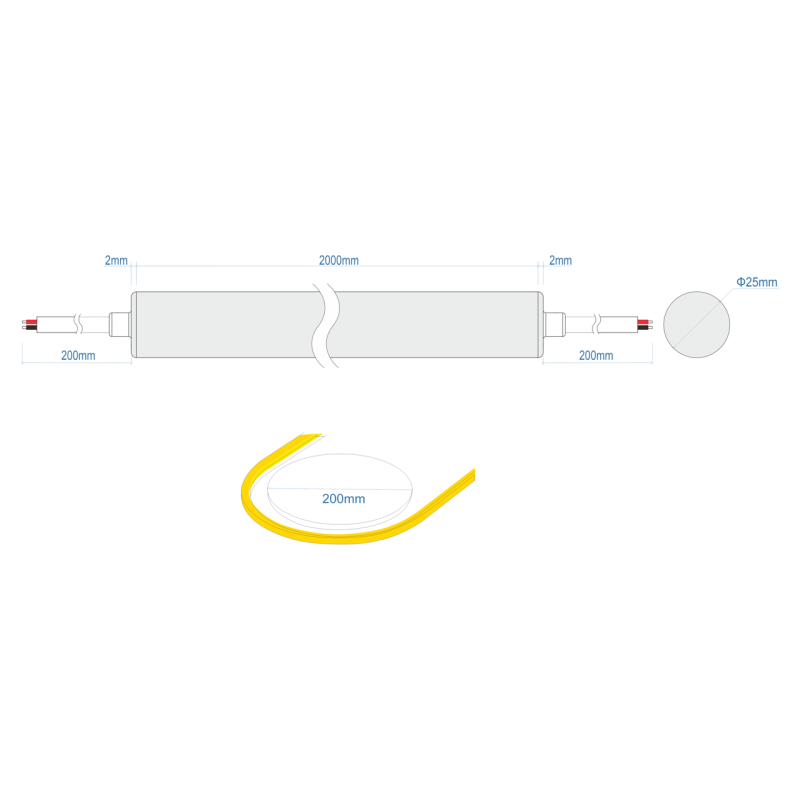 Ταινία LED Neon RONDO Φ25 12 Watt/m 24V CRI80 IP65 256 LED/m 2700K 2m -  Τεμ.