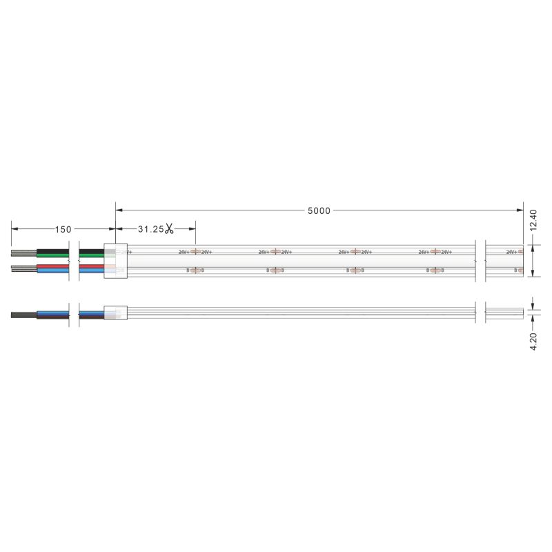 LED strip TΩRA COB RGB 14Watt/m 24V IP67 768 LED/m 5m  (12,4mm)