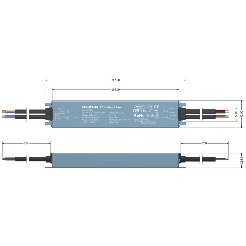 Dimmable Dali, Push , 0-10V  led driver Cubalux 72Watt 24V IP67 -  Τεμ.