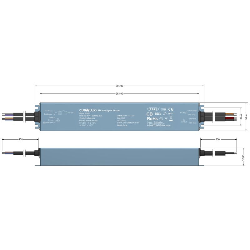 Dimmable Dali, Push , 0-10V  led driver Cubalux 300Watt 24V IP67 -  Τεμ.