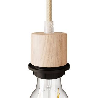 Wood E27 cylindrical threaded lamp holder kit with cable clamp for lampshade, neutral.