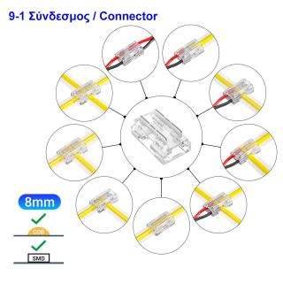 9-σε-1 Κονέκτορας IP20/65 για μονόχρωμη ταινία led SMD/COB πλάτους 8mm -  Τεμ.